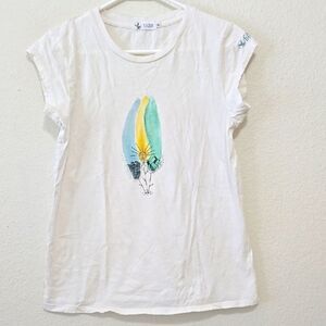 Carve Designs White and Yellow Cap Sleeve Tee small